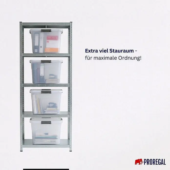 Proregal Aufbewahrungsbox-Set 4er mit Deckel - XXL mit Rollen - L x B x H: 48 x 65 x 38 cm, Kunststoff, Transparent, 4 Stk. - Graues Metallregal mit vier Ablagen, jede mit einer transparenten Aufbewahrungsbox für maximale Ordnung.