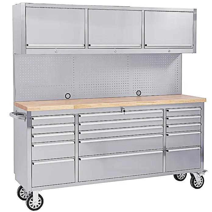 Ondis24 Werkbank Werkstatt 198 - L x B: 198 x 48,5 cm, Arbeitshöhe: 950 mm, Belastbarkeit: 510 kg, Edelstahl - Werkbank aus Edelstahl mit Holzplatte, vielen Schubladen, Lochwand, Oberschränken und Rollen.