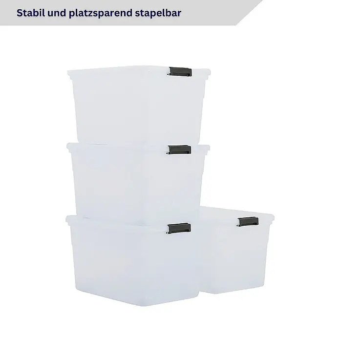 Proregal Aufbewahrungsbox-Set 4er mit Deckel - XXL mit Rollen - L x B x H: 48 x 65 x 38 cm, Kunststoff, Transparent, 4 Stk. - Stapelbare, platzsparende, durchscheinend weiße Kunststoff-Aufbewahrungsboxen mit schwarzen Verschlüssen.