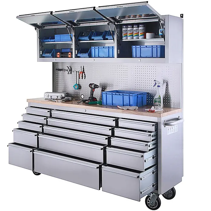 Ondis24 Werkbank Werkstatt 198 - L x B: 198 x 48,5 cm, Arbeitshöhe: 950 mm, Belastbarkeit: 510 kg, Edelstahl - Rollbare Werkbank aus silbernem Metall mit Holzplatte, vielen Schubladen, Lochwand und Hängeschränken.
