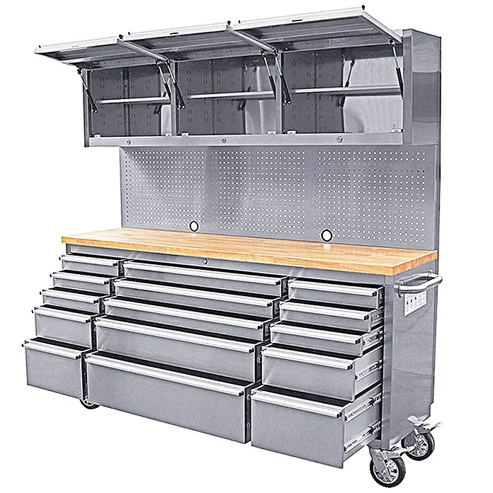 Ondis24 Werkbank Werkstatt 198 - L x B: 198 x 48,5 cm, Arbeitshöhe: 950 mm, Belastbarkeit: 510 kg, Edelstahl - Graue Metallwerkbank mit Holzplatte, vielen Schubladen, Oberschränken und Rollen.
