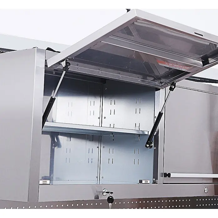 Ondis24 Werkbank Werkstatt 198 - L x B: 198 x 48,5 cm, Arbeitshöhe: 950 mm, Belastbarkeit: 510 kg, Edelstahl - Edelstahl-Wandschrank mit offener Tür, durch Gasfedern gestützt, zeigt Innenregale und Lochrückwand.