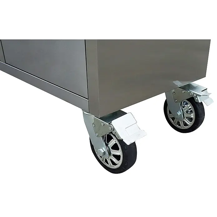Ondis24 Werkbank Werkstatt 198 - L x B: 198 x 48,5 cm, Arbeitshöhe: 950 mm, Belastbarkeit: 510 kg, Edelstahl - Nahaufnahme des Sockels eines grauen Metallschranks mit zwei Lenkrollen. Die Rollen haben silberne Metallrahmen, schwarze Gummiräder und Fußbremsen.