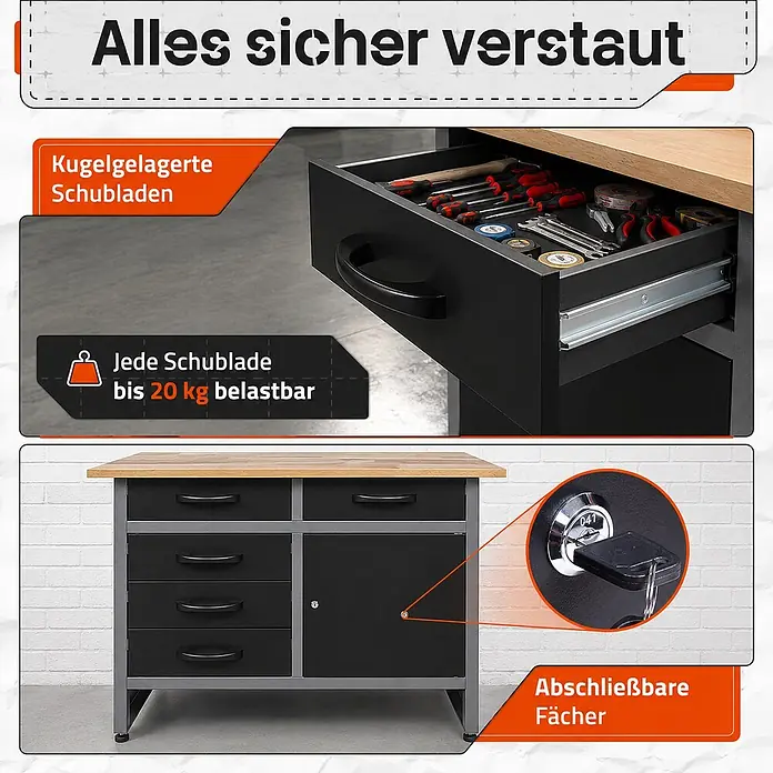 Werkbank Holger 120cm -  - Schwarz-graue Werkbank mit Holzplatte, kugelgelagerten Schubladen (20 kg Tragkraft) und abschließbarem Schrank.