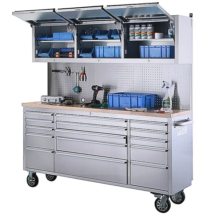Ondis24 Werkbank Werkstatt 198 - L x B: 198 x 48,5 cm, Arbeitshöhe: 950 mm, Belastbarkeit: 510 kg, Edelstahl - Edelstahl mobile Werkbank mit oberen Schränken, Lochwand und mehreren Schubladen.