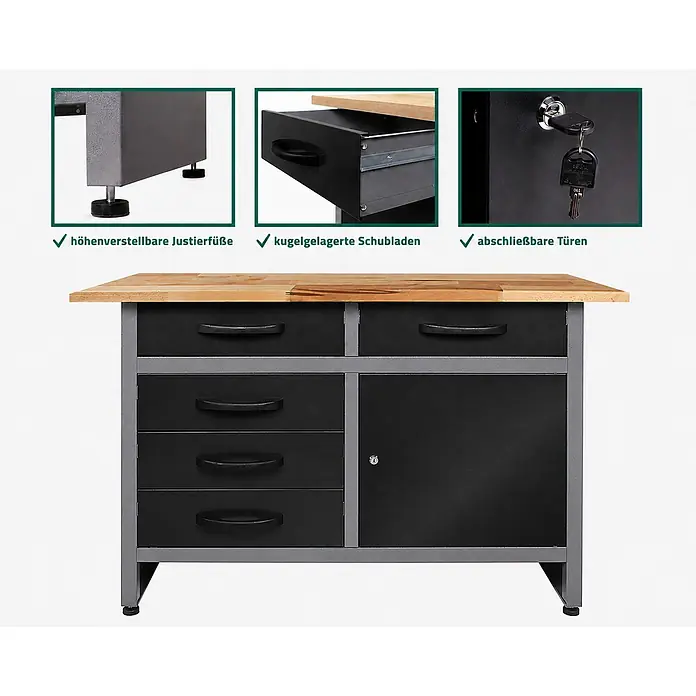Werkbank Holger 120cm -  - Metall-Werkbank mit Holzplatte, schwarzen Schubladen und abschließbarem Schrank, mit höhenverstellbaren Füßen und kugelgelagerten Auszügen.