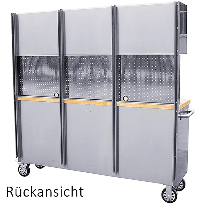 Ondis24 Werkbank Werkstatt 198 - L x B: 198 x 48,5 cm, Arbeitshöhe: 950 mm, Belastbarkeit: 510 kg, Edelstahl - Rückansicht einer grauen Metall-Werkbank auf Rollen mit Holzarbeitsplatte und Lochwänden.