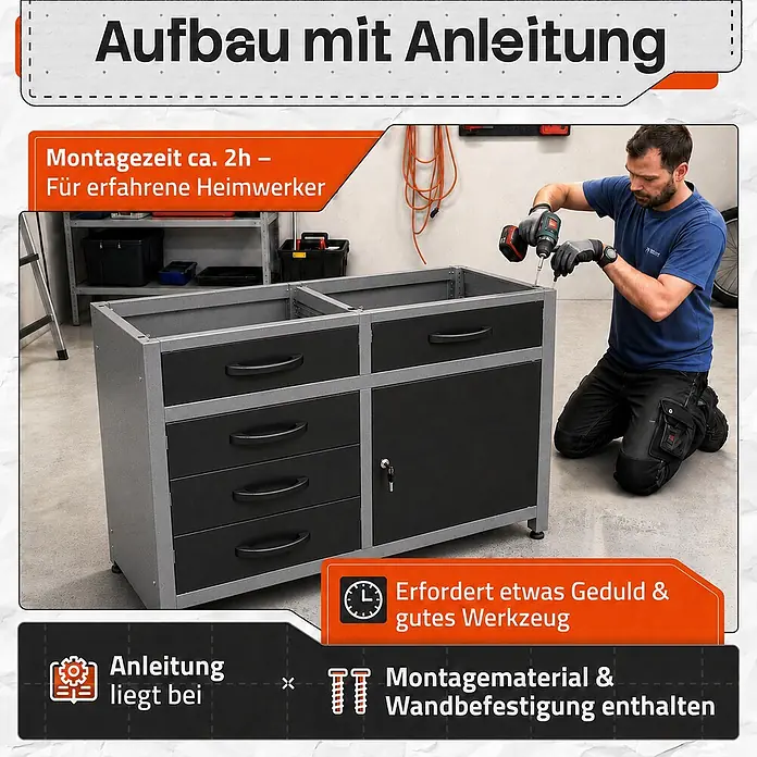 Werkbank Holger 120cm -  - Mann montiert einen grau-schwarzen Metall-Werkstattschrank mit Schubladen und Tür, der Montageprozess und Merkmale hervorhebend.