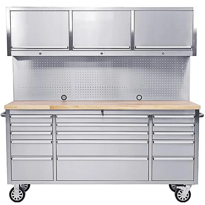 Ondis24 Werkbank Werkstatt 198 - L x B: 198 x 48,5 cm, Arbeitshöhe: 950 mm, Belastbarkeit: 510 kg, Edelstahl - Werkbank aus Edelstahl mit Holzplatte, Oberschränken, Lochwand und mehreren Schubladen auf Rollen.