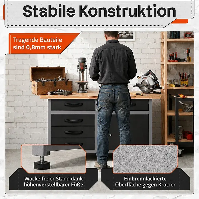 Werkbank Holger 120cm -  - Werkbank mit stabiler 0,8mm starker Konstruktion, höhenverstellbaren Füßen und kratzfester Einbrennlackierung im Werkstattbereich.