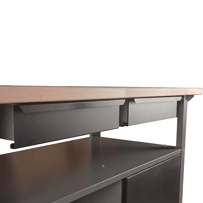 Ondis24 Werkbank Fritz - Arbeitshöhe: 850 mm, Belastbarkeit: 250 kg, Schwarz - Industrielle Werkbank mit heller Holzplatte und dunkelgrauem, texturiertem Metallrahmen sowie Auszugsschubladen.