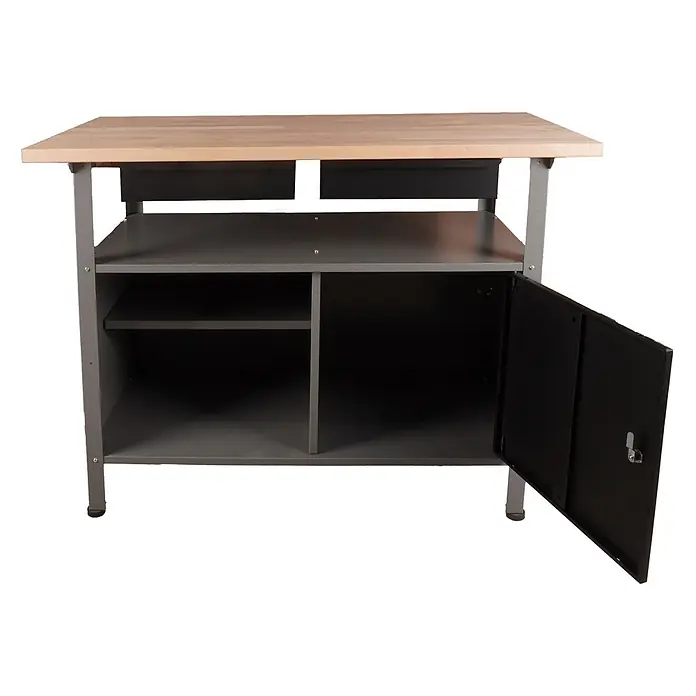 Ondis24 Werkbank Fritz - Arbeitshöhe: 850 mm, Belastbarkeit: 250 kg, Schwarz - Graue Metallwerkbank mit heller Holzplatte, zwei schwarzen Schubladen und einem Unterschrank mit Regalen und geöffneter Tür.
