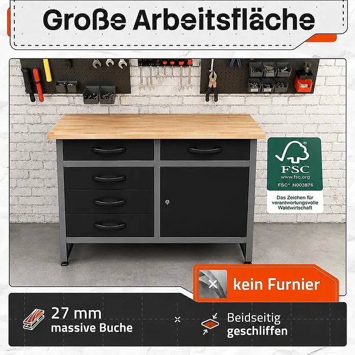 Werkbank Holger 120cm -  - Schwarze und graue Werkbank mit einer 27 mm starken Massivholzplatte aus Buche, mit Schubladen und Schrank für Werkzeuge.
