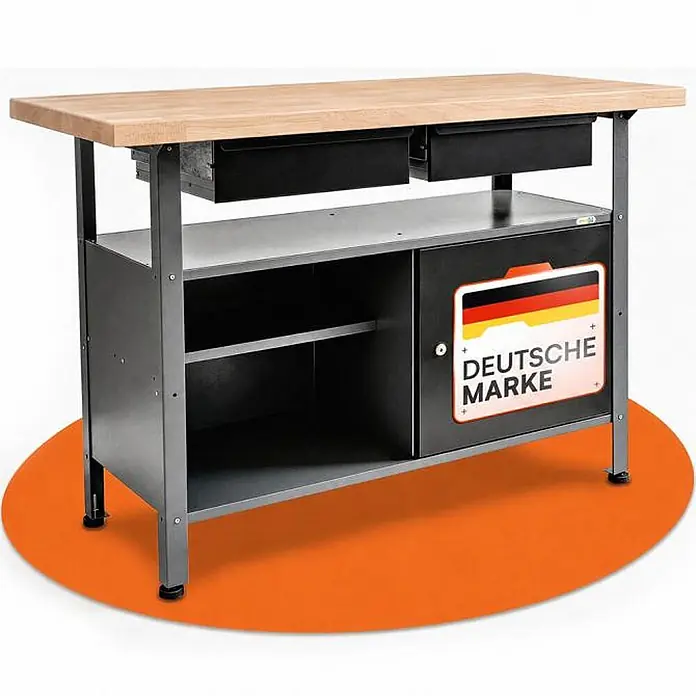 Ondis24 Werkbank Fritz - Arbeitshöhe: 850 mm, Belastbarkeit: 250 kg, Schwarz - Dunkle Metall-Werkbank mit heller Holzplatte, zwei Schubladen und einem Schrank mit Regalböden.