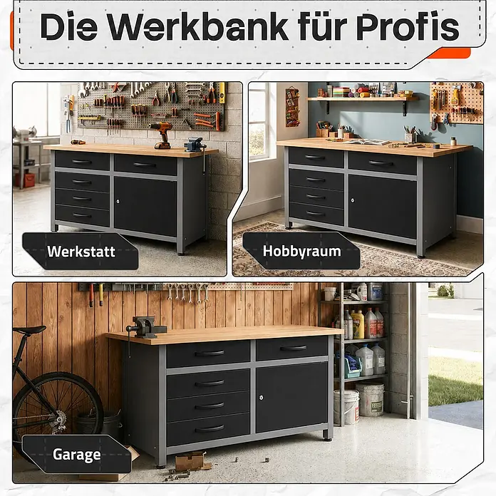 Werkbank Holger 120cm -  - Vielseitige Werkbank mit Holzplatte, schwarzen Schubladen und grauem Metallrahmen, gezeigt in Werkstatt, Hobbyraum und Garage.