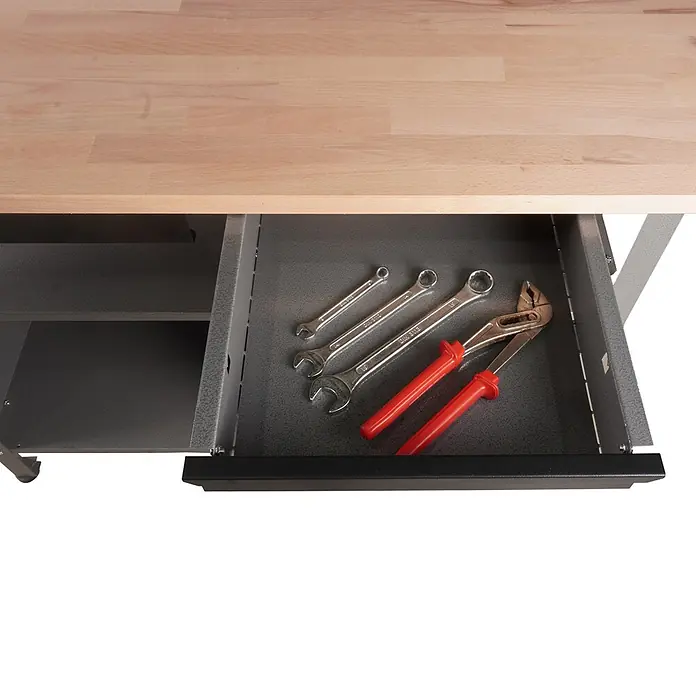 Ondis24 Werkbank Fritz - Arbeitshöhe: 850 mm, Belastbarkeit: 250 kg, Schwarz - Werkbank mit heller Holzplatte, Metallgestell und offener Schublade mit Schraubenschlüsseln und Zangen.