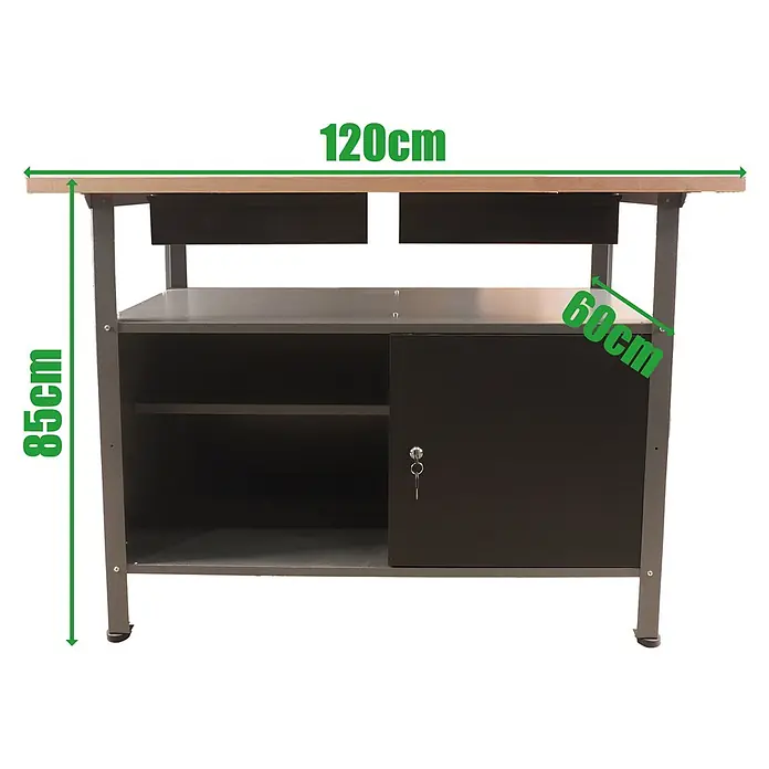 Ondis24 Werkbank Fritz - Arbeitshöhe: 850 mm, Belastbarkeit: 250 kg, Schwarz - Werkbank mit Holzplatte, Metallrahmen, zwei Schubladen und Unterschrank mit Schiebetür und Schloss. Maße: 120x85x60cm (BxHxT).