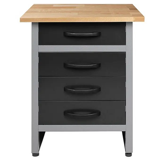 Ondis24 Werkbank Bernd - L x B: 60 x 60 cm, Arbeitshöhe: 850 mm, Belastbarkeit: 380 kg, Schwarz - Werkbankunterschrank mit Holzarbeitsplatte, grauem Metallrahmen und vier schwarzen Schubladen.
