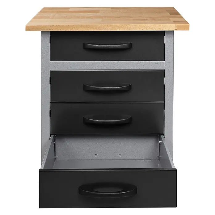Ondis24 Werkbank Bernd - L x B: 60 x 60 cm, Arbeitshöhe: 850 mm, Belastbarkeit: 380 kg, Schwarz - Grauer Metall-Werkstattschrank mit Holzplatte und fünf schwarzen Schubladen, eine davon geöffnet.