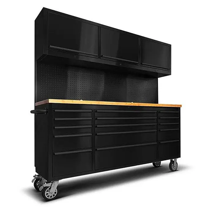 Werkstatt mit Lochwand und Schrank 198 cm schwarz, rollbar -  - Schwarze mobile Werkbank mit Holzplatte, Lochwand und Hängeschränken zur Garagenaufbewahrung.