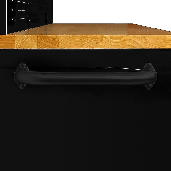 Werkstatt mit Lochwand und Schrank 198 cm schwarz, rollbar -  - Schwarzer Metallgriff unter einer Holzplatte montiert.