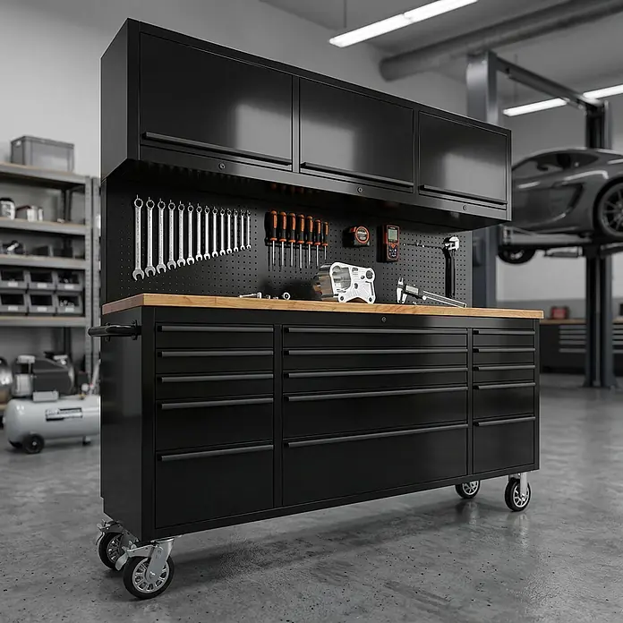 Werkstatt mit Lochwand und Schrank 198 cm schwarz, rollbar -  - Robuste schwarze mobile Werkbank mit Holzplatte, Lochwand und Schränken, voll ausgestattet mit Werkzeugen in einer Werkstatt.