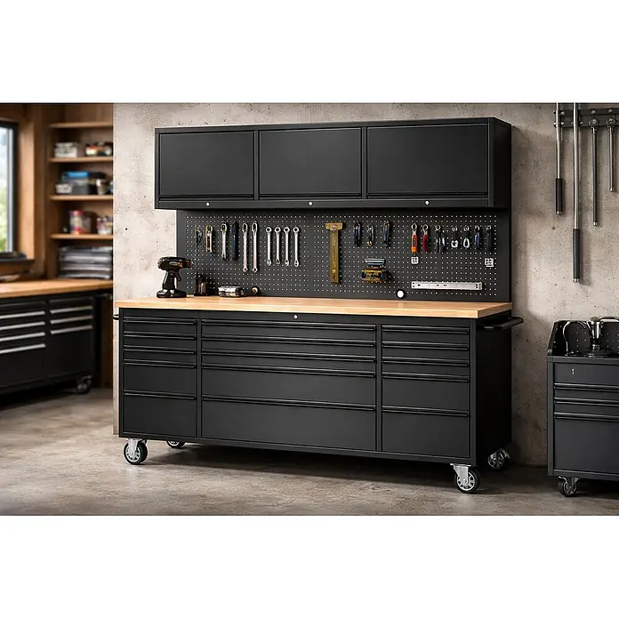 Werkstatt mit Lochwand und Schrank 198 cm schwarz, rollbar -  - Schwarze Metall-Garagenwerkbank mit Holzplatte, Schubladen und Lochwand für Werkzeuge im Werkstattambiente.