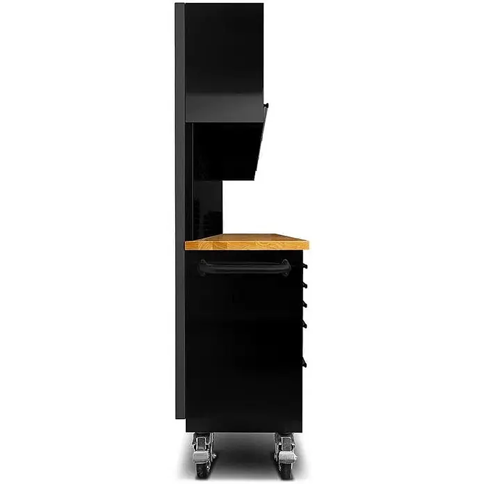Werkstatt mit Lochwand und Schrank 198 cm schwarz, rollbar -  - Seitenansicht einer schwarzen Metall-Werkbank mit Holzplatte, Schubladen und Rollen.
