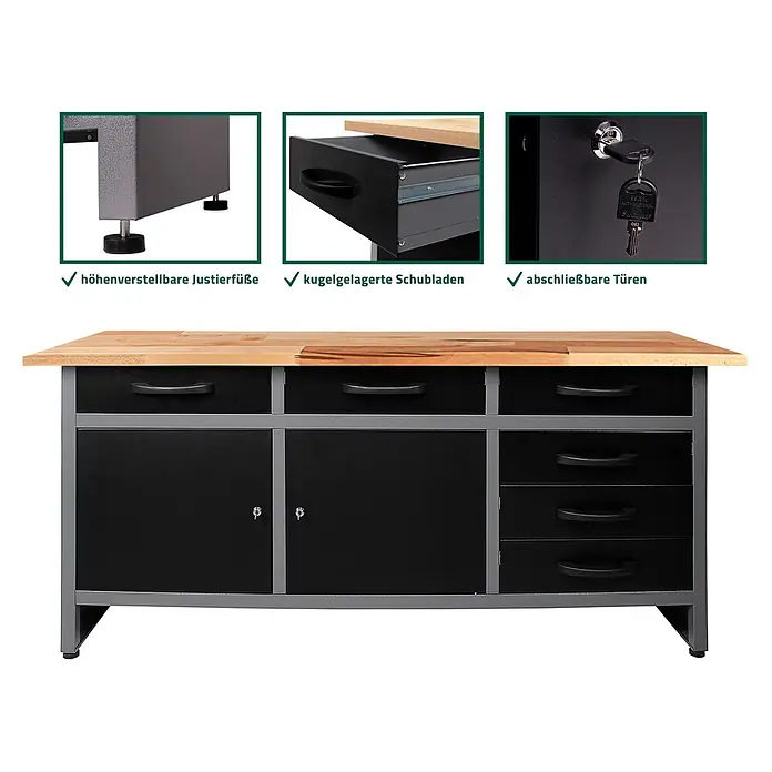 Ondis24 Werkbank Konny - L x B: 160 x 60 cm, Arbeitshöhe: 850 mm, Belastbarkeit: 510 kg, Schwarz - Robuste Werkbank mit Holzplatte, grauem Metallrahmen, höhenverstellbaren Füßen, kugelgelagerten Schubladen und abschließbaren Schränken.