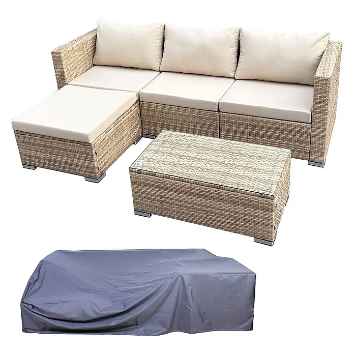 SVITA Loungemöbel-Set QUEENS - 5 -tlg., 5 mm Sicherheitsglas, Stahl, 260g Polyester, Gartenlounge mit Abdeckhaube im Set, Beige - Hellbraune Rattan-Gartensofa mit cremefarbenen Kissen, passendem Couchtisch mit Glasplatte und grauer Schutzhülle.