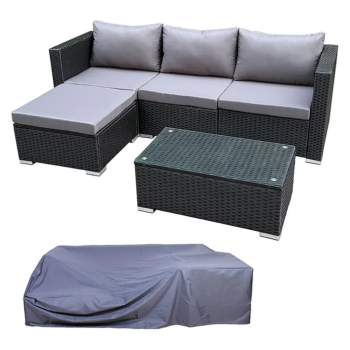 SVITA Loungemöbel-Set QUEENS - 5 -tlg., 5 mm Sicherheitsglas, Stahl, 260g Polyester, Gartenlounge mit Abdeckhaube im Set, Schwarz - Dunkelgraues Rattan-L-förmiges modulares Outdoor-Sofa mit hellgrauen Kissen, passendem Couchtisch mit Glasplatte und einer grauen Schutzhülle.