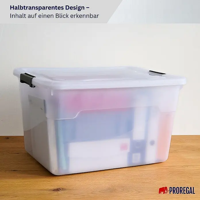 Proregal Aufbewahrungsbox-Set 6er mit Deckel - XXL mit Rollen - L x B x H: 48 x 65 x 38 cm, Kunststoff, Transparent, 6 Stk. - Halbtransparente Aufbewahrungsbox mit schwarzen Verschlüssen, gefüllt mit Dokumenten. Inhalt auf einen Blick erkennbar.