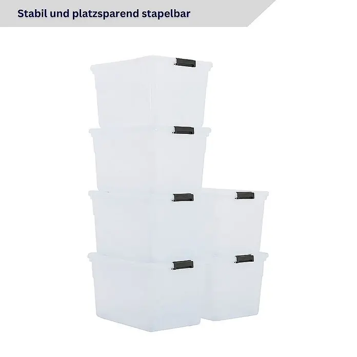 Proregal Aufbewahrungsbox-Set 6er mit Deckel - XXL mit Rollen - L x B x H: 48 x 65 x 38 cm, Kunststoff, Transparent, 6 Stk. - Stapel transparenter, platzsparender Kunststoff-Aufbewahrungsboxen mit dunklen Verschlüssen.