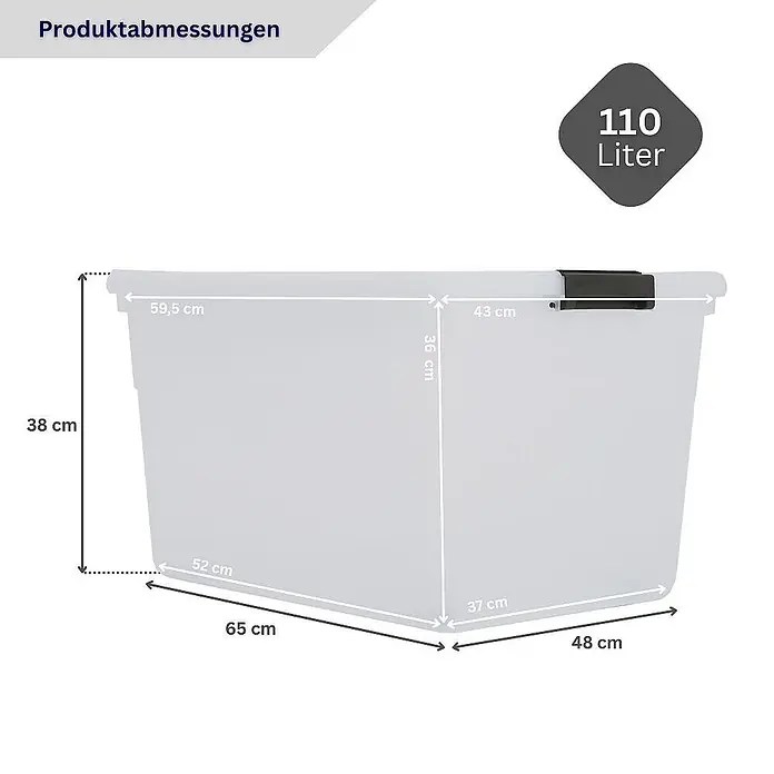 Proregal Aufbewahrungsbox-Set 6er mit Deckel - XXL mit Rollen - L x B x H: 48 x 65 x 38 cm, Kunststoff, Transparent, 6 Stk. - Transparente Aufbewahrungsbox mit schwarzem Verschluss, detaillierten Außen- und Innenmaßen und 110 Liter Fassungsvermögen.