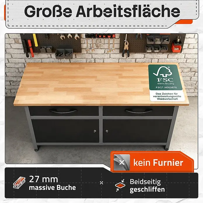 Ondis24 Werkbank Werner - L x B: 120 x 60 cm, Arbeitshöhe: 850 mm, Belastbarkeit: 510 kg, Schwarz - Werkbank mit großer, 27mm massiver Buchenholz-Arbeitsfläche, beidseitig geschliffen und FSC-zertifiziert.