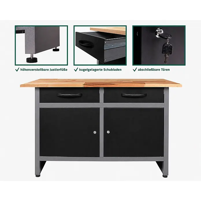 Ondis24 Werkbank Werner - L x B: 120 x 60 cm, Arbeitshöhe: 850 mm, Belastbarkeit: 510 kg, Schwarz - Robuste Werkbank mit Holzarbeitsplatte, grauem Metallrahmen, zwei schwarzen kugelgelagerten Schubladen und zwei abschließbaren Schränken. Verstellbare Füße.