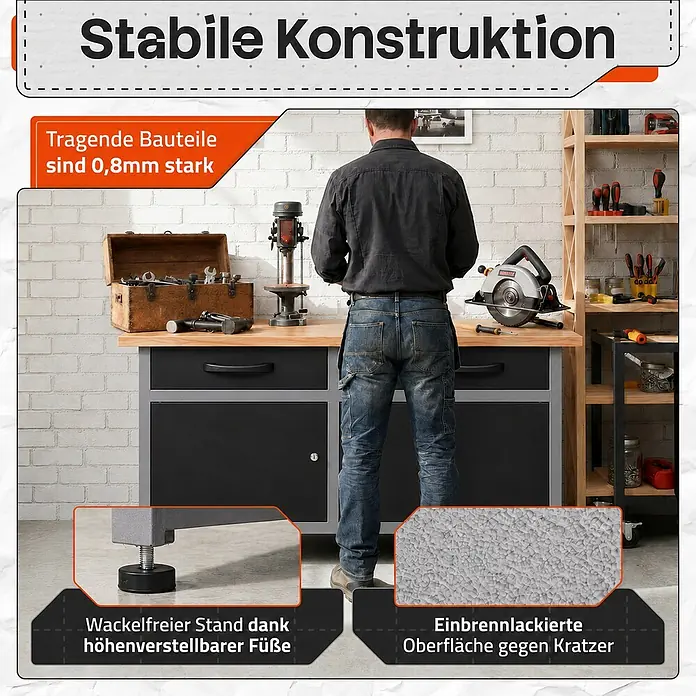 Ondis24 Werkbank Werner - L x B: 120 x 60 cm, Arbeitshöhe: 850 mm, Belastbarkeit: 510 kg, Schwarz - Eine robuste Werkbank mit Holzplatte, 0,8 mm starken tragenden Teilen, verstellbaren Füßen und kratzfester Oberfläche.
