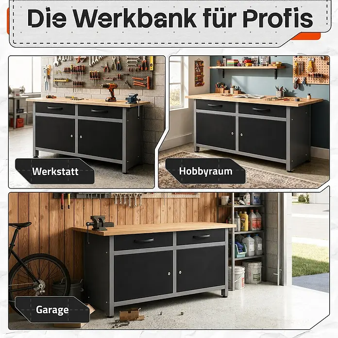 Ondis24 Werkbank Werner - L x B: 120 x 60 cm, Arbeitshöhe: 850 mm, Belastbarkeit: 510 kg, Schwarz - Eine schwarz-graue Werkbank mit Holzplatte, gezeigt in Werkstatt, Hobbyraum und Garage, ihre vielseitige Nutzung betonend.