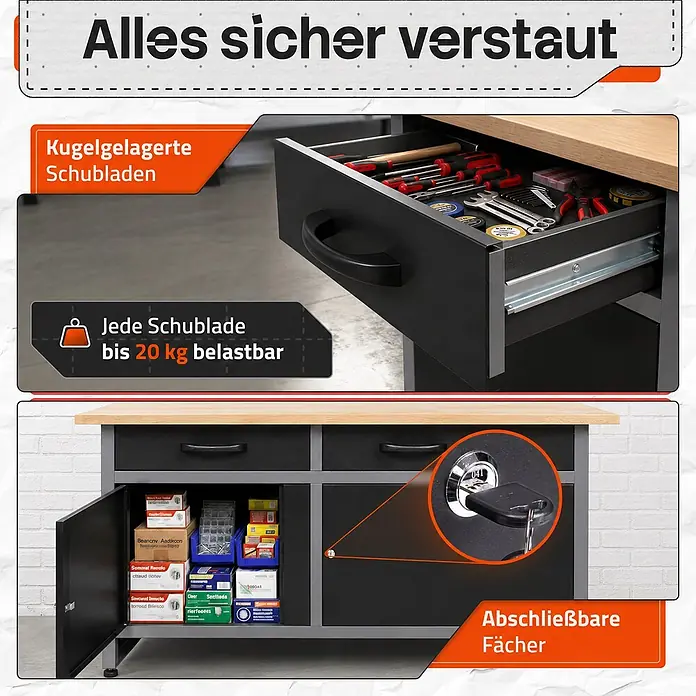 Ondis24 Werkbank Werner - L x B: 120 x 60 cm, Arbeitshöhe: 850 mm, Belastbarkeit: 510 kg, Schwarz - Schwarze Werkbank mit Holzplatte, kugelgelagerten Schubladen (bis 20 kg belastbar) und abschließbaren Fächern zur sicheren Aufbewahrung.