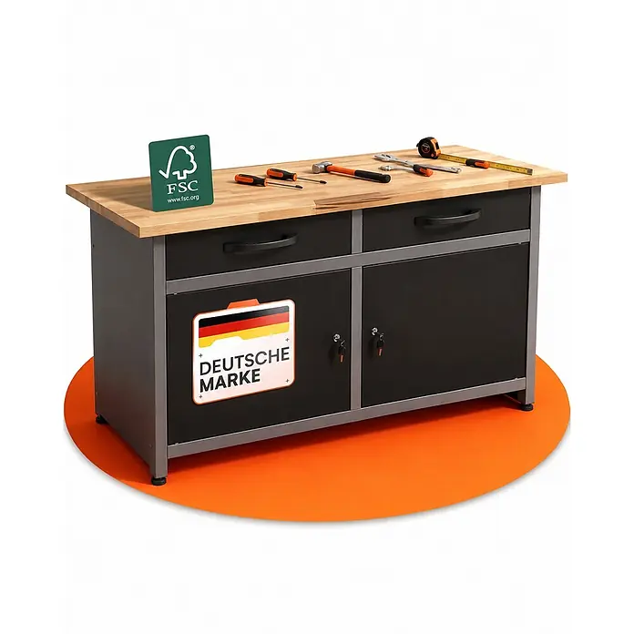 Ondis24 Werkbank Werner - L x B: 120 x 60 cm, Arbeitshöhe: 850 mm, Belastbarkeit: 510 kg, Schwarz - Werkbank mit heller Holzplatte, dunklem Metallrahmen und schwarzen Schubladen/Schränken. Werkzeuge, FSC-Logo und 'Deutsche Marke'-Schild sind zu sehen.