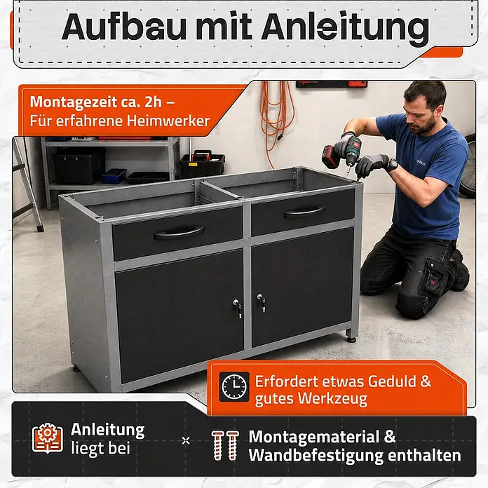 Ondis24 Werkbank Werner - L x B: 120 x 60 cm, Arbeitshöhe: 850 mm, Belastbarkeit: 510 kg, Schwarz - Robuster schwarz-grauer Metall-Werkstattschrank wird montiert.