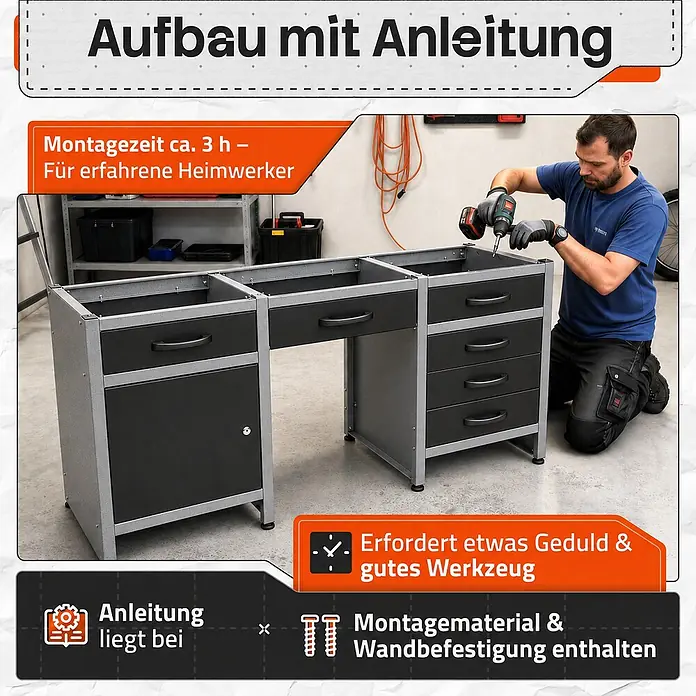 Ondis24 Werkbank Harry - L x B: 160 x 60 cm, Arbeitshöhe: 850 mm, Belastbarkeit: 510 kg, Schwarz - Ein Mann baut ein grau-schwarzes modulares Werkstattschranksystem mit Schubladen und Schrank zusammen.