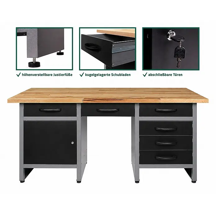 Ondis24 Werkbank Harry - L x B: 160 x 60 cm, Arbeitshöhe: 850 mm, Belastbarkeit: 510 kg, Schwarz - Robuste Werkbank mit Echtholzplatte, grauem Metallrahmen, schwarzen kugelgelagerten Schubladen und abschließbarem Schrank, höhenverstellbare Füße.