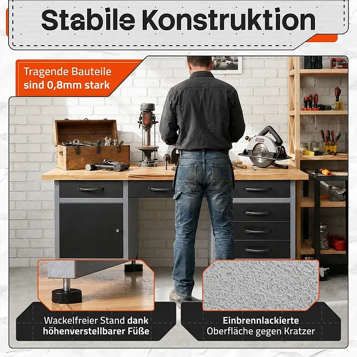 Ondis24 Werkbank Harry - L x B: 160 x 60 cm, Arbeitshöhe: 850 mm, Belastbarkeit: 510 kg, Schwarz - Ein Mann arbeitet an einer stabilen Werkbank mit 0,8mm starken Bauteilen, höhenverstellbaren Füßen und kratzfester Einbrennlackierung.