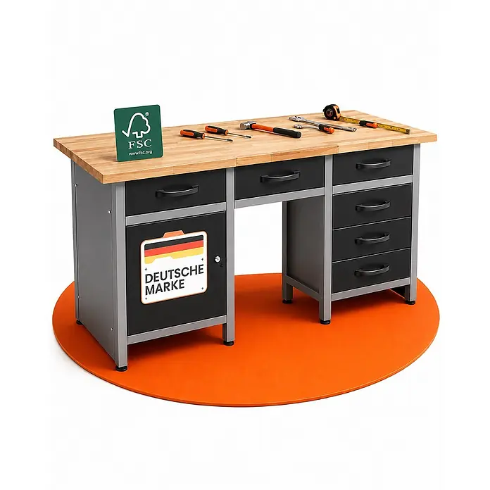 Ondis24 Werkbank Harry - L x B: 160 x 60 cm, Arbeitshöhe: 850 mm, Belastbarkeit: 510 kg, Schwarz - Werkbank mit heller Holzplatte, dunkelgrauem Rahmen, schwarzen Schubladen und oranger runder Matte. Verschiedene Handwerkzeuge liegen auf der Oberfläche.