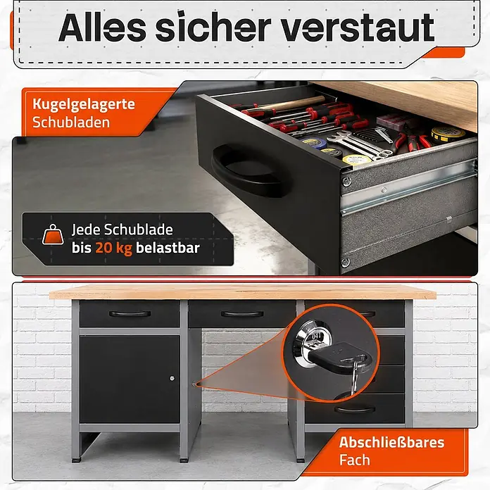 Ondis24 Werkbank Harry - L x B: 160 x 60 cm, Arbeitshöhe: 850 mm, Belastbarkeit: 510 kg, Schwarz - Schwarze/graue Werkbank mit Holzplatte, kugelgelagerten Schubladen und abschließbarem Fach. Jede Schublade belastbar bis 20 kg.