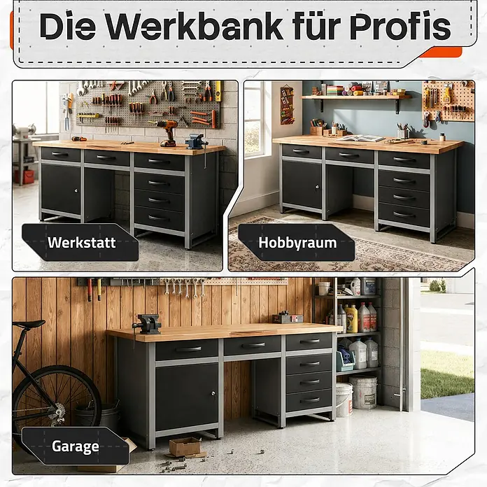Ondis24 Werkbank Harry - L x B: 160 x 60 cm, Arbeitshöhe: 850 mm, Belastbarkeit: 510 kg, Schwarz - Eine vielseitige Werkbank mit Holzplatte und schwarzen Schränken auf grauem Rahmen, geeignet für Werkstätten, Hobbyräume und Garagen.