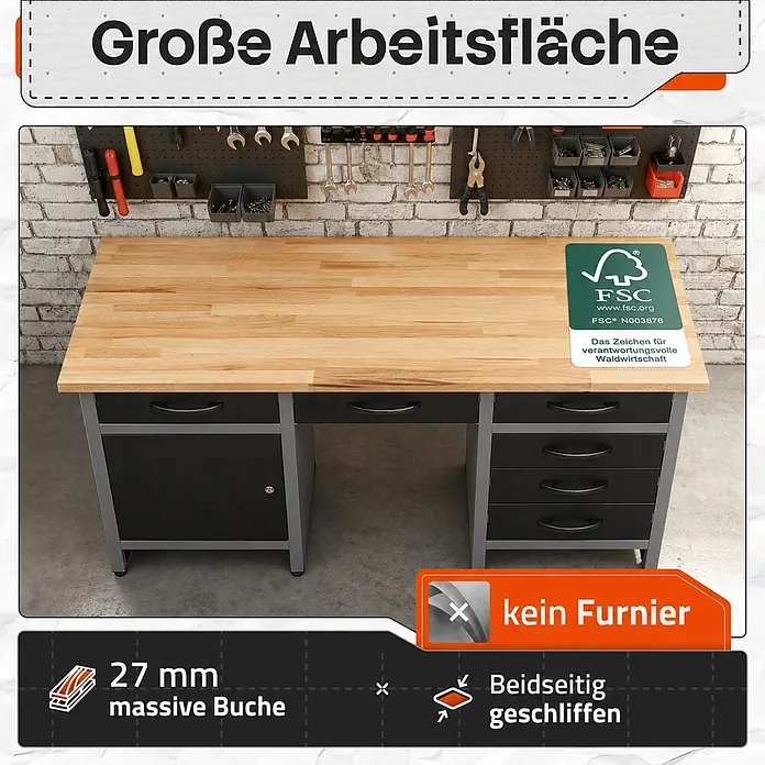 Ondis24 Werkbank Harry - L x B: 160 x 60 cm, Arbeitshöhe: 850 mm, Belastbarkeit: 510 kg, Schwarz - Große Werkbank mit 27mm massiver Buchenholzplatte, Metallrahmen, Schubladen und Schrank, in einer Werkstatt.
