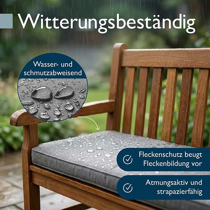 Beautissu Bankauflage Calme BK - Bankauflage, 1 Stk., L x B x H: 110 x 50 x 5 cm, Polypropylen, Hellgrau - Graues wetterfestes Outdoor-Sitzkissen auf einer Holzbank, mit Wassertropfen auf der Oberfläche.
