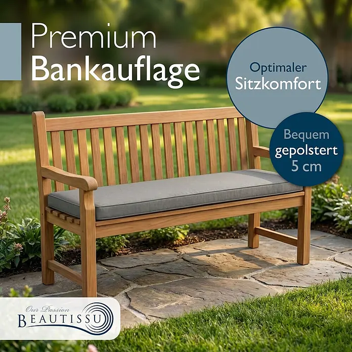 Beautissu Bankauflage Calme BK - Bankauflage, 1 Stk., L x B x H: 110 x 50 x 5 cm, Polypropylen, Hellgrau - Graue, gepolsterte Bankauflage auf einer Holzgartenbank, die optimalen Sitzkomfort bietet.